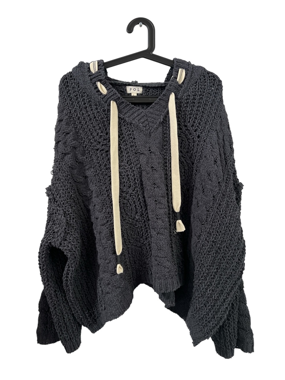 POL Oversized Chunky V-Neck Hoodie Sweater in Charcoal with Cream Drawstrings